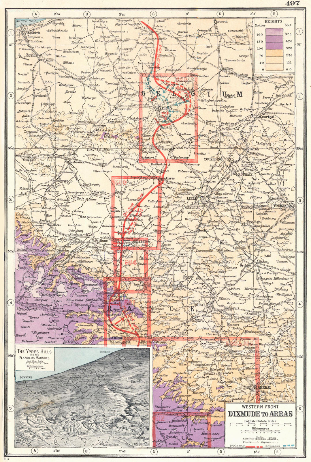 WORLD WAR 1.Dixmude-Arras; Ypres Hills Flanders Marshes 1914-15 lines 1920 map